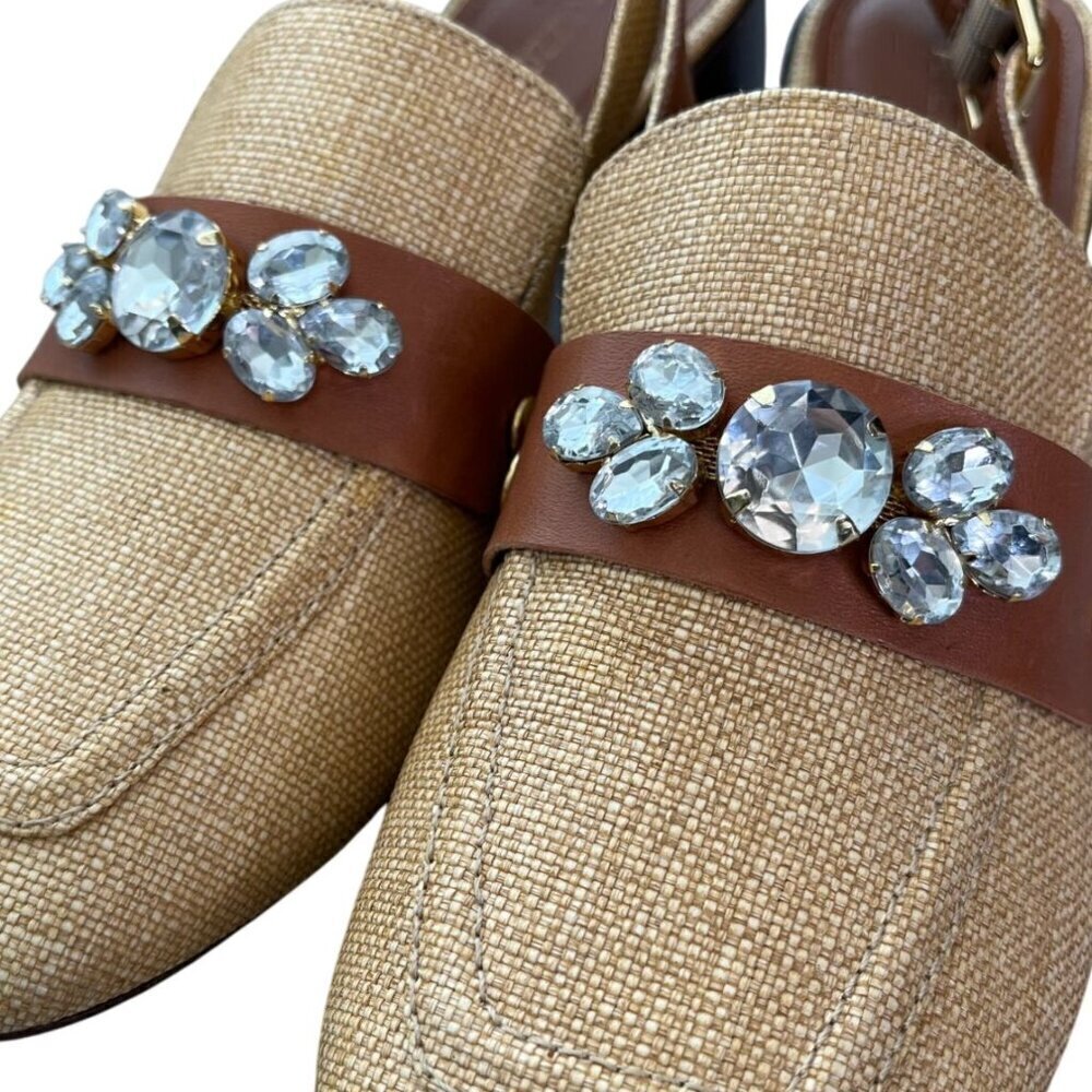 Arezzo Emory Crystal Slingback Pumps Tan Raffia Brown Leather Heels Size 11 - Picture 6 of 12